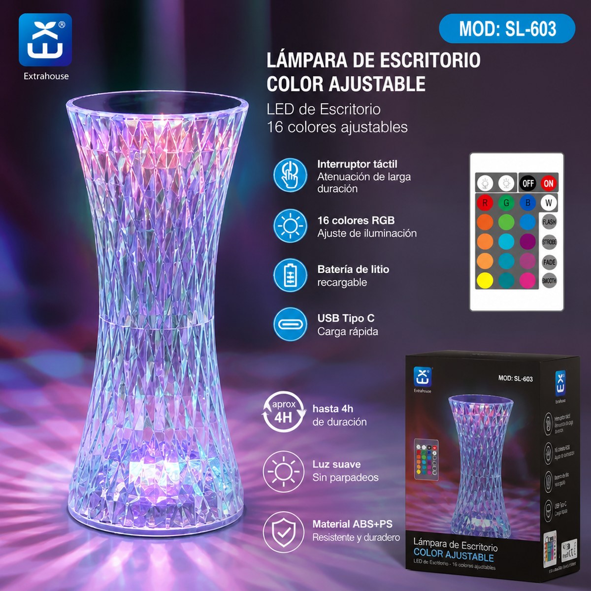 RGB Crystal-Effect Rechargeable LED Desk Lamp with Remote Control