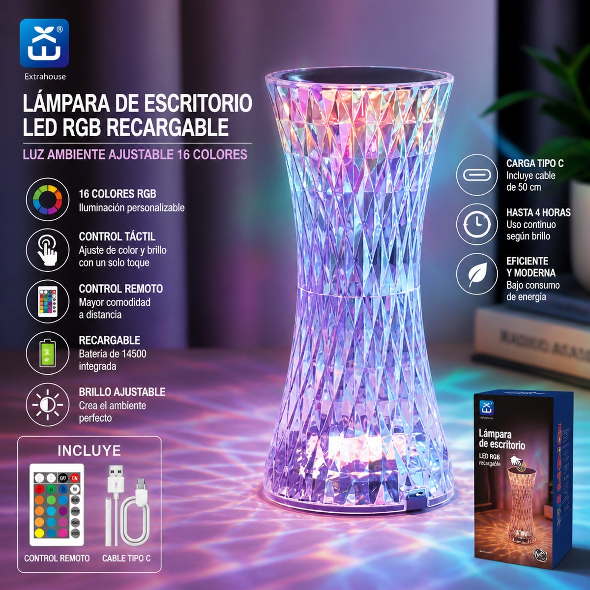 RGB Crystal-Effect Rechargeable LED Desk Lamp with Remote Control