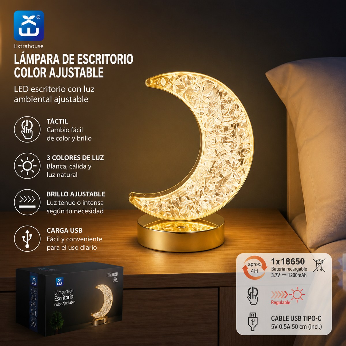 Extrahouse Crescent Moon Crystal LED Table Lamp, 3-Color Touch Dimmable