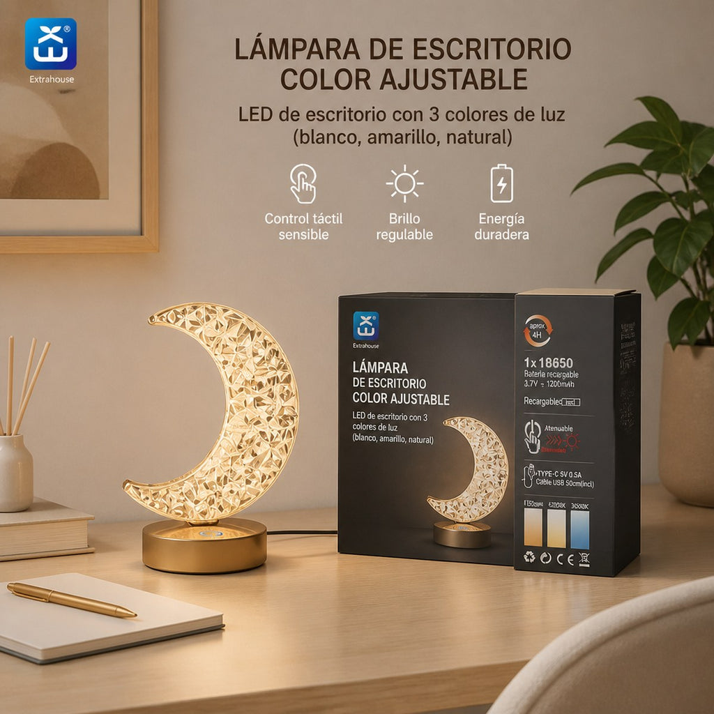 Extrahouse Crescent Moon Crystal LED Table Lamp, 3-Color Touch Dimmable
