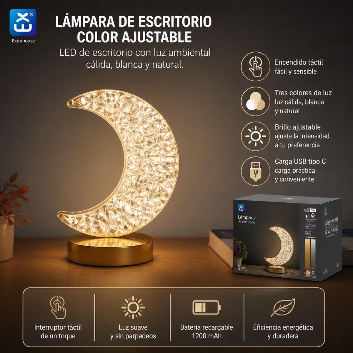Extrahouse Crescent Moon Crystal LED Table Lamp, 3-Color Touch Dimmable