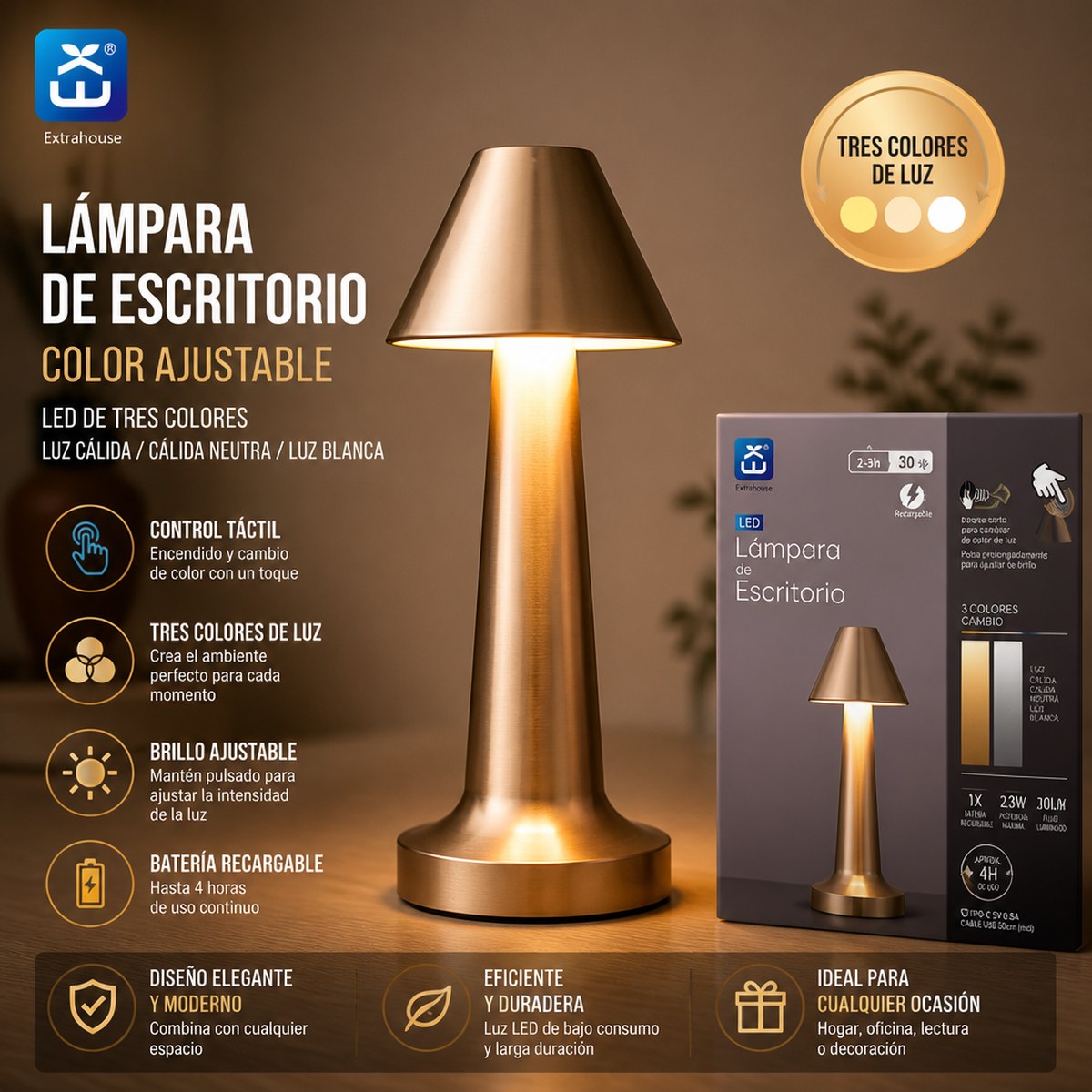 Extrahouse Rechargeable LED Table Lamp, 3-Color Touch Control