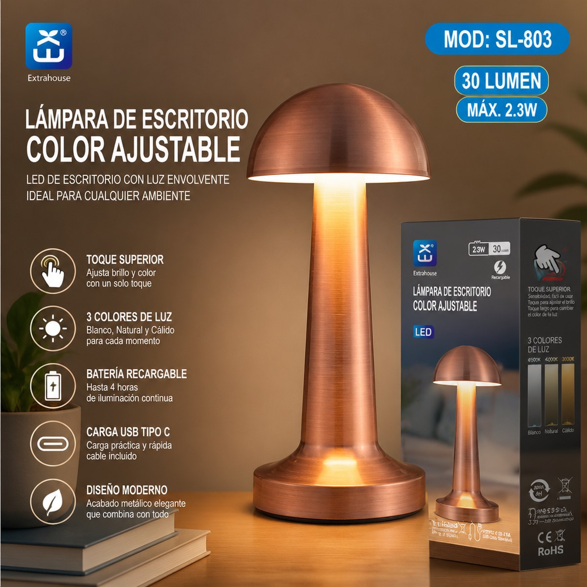 Rechargeable LED Desk Lamp with Adjustable Color Temperature