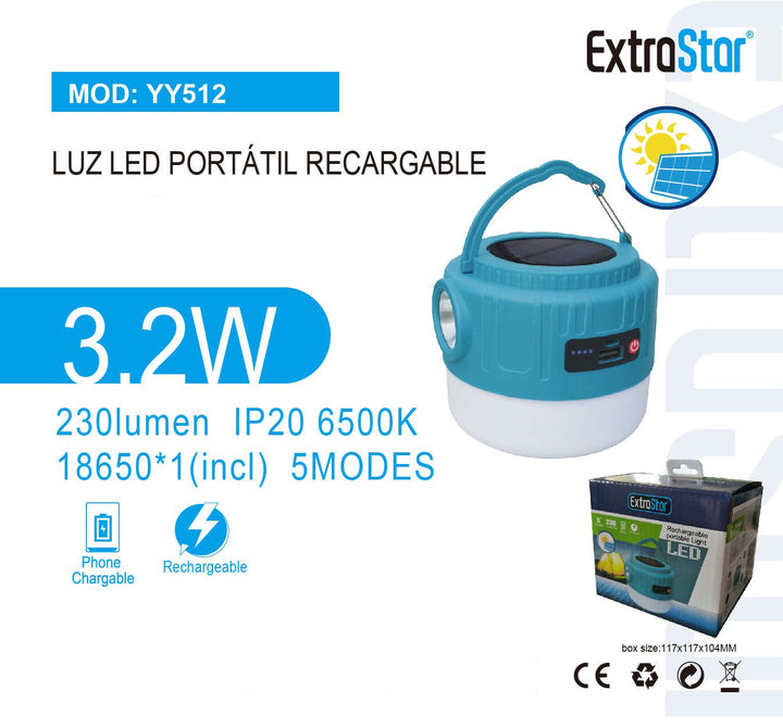 ExtroStar Solar Rechargeable Portable LED Camping Lantern product images and lifestyle scenes