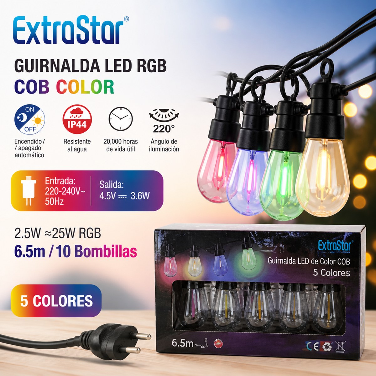 ExtraStar RGB LED Garland, 6.5m, 10 Bulbs