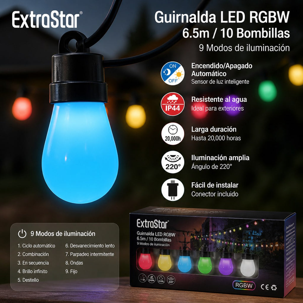 Guirnalda LED RGBW ExtraStar | 6,5 m | 10 Bombillas | 9 Modos | Interior y Exterior
