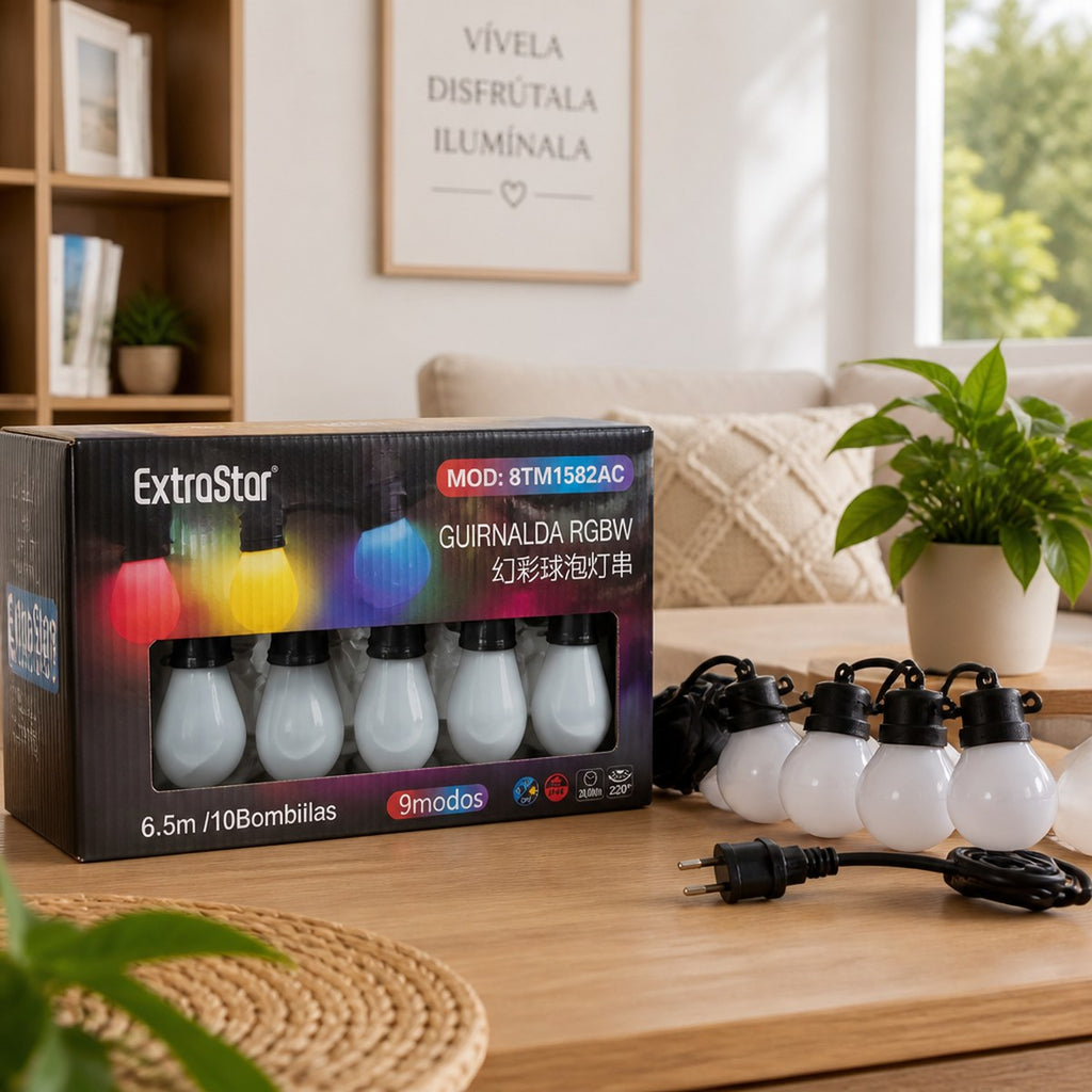 Guirnalda LED RGBW ExtraStar | 6,5 m | 10 Bombillas | 9 Modos | Interior y Exterior