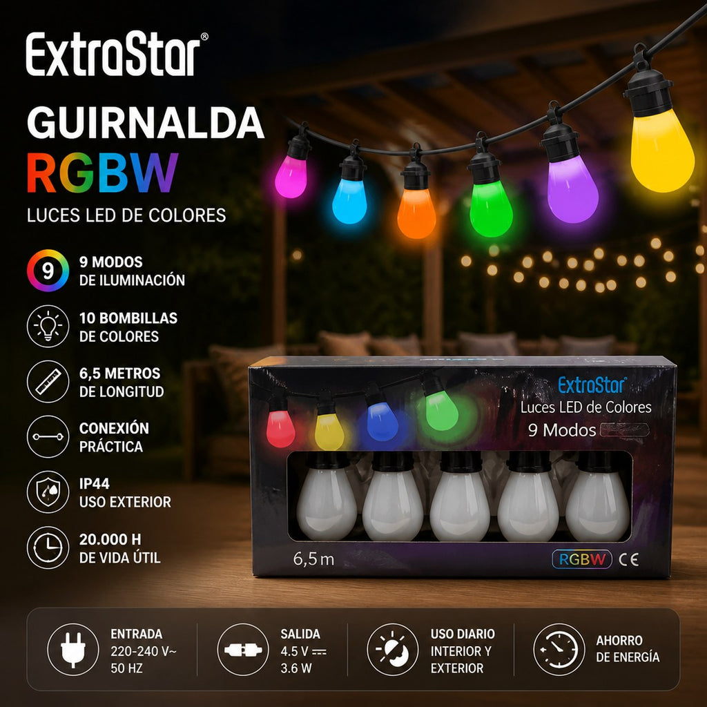 Guirnalda LED RGBW ExtraStar | 6,5 m | 10 Bombillas | 9 Modos | Interior y Exterior