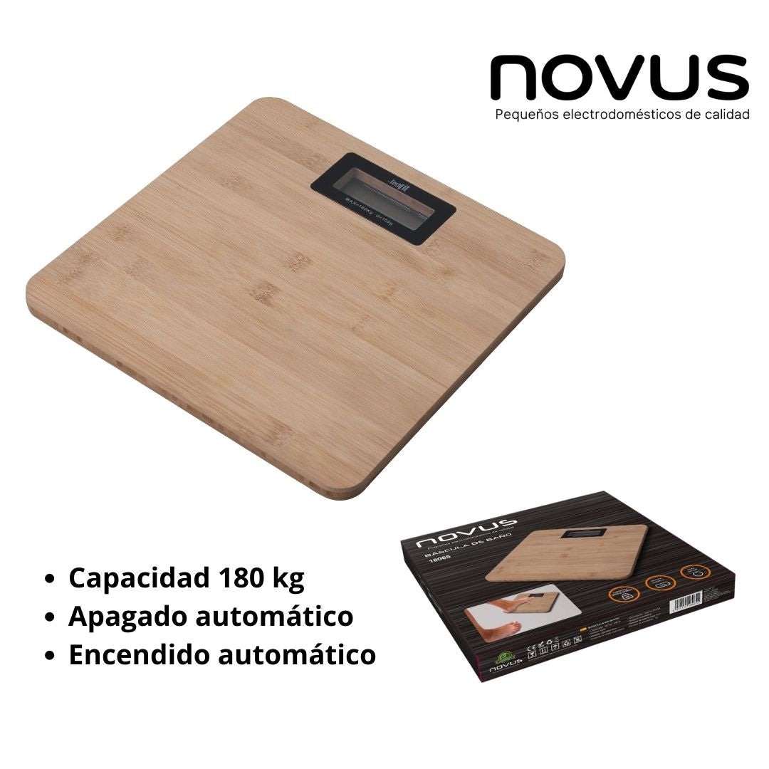 Novus Digital Bathroom Scale, Bamboo Finish, 180kg Capacity product images and lifestyle scenes