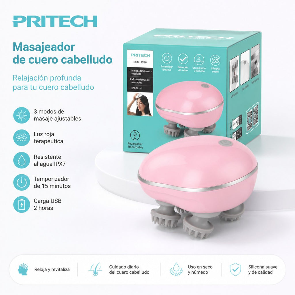 Masajeador de Cuero Cabelludo Eléctrico PRITECH | Luz Roja | IPX7 | 3 Modos