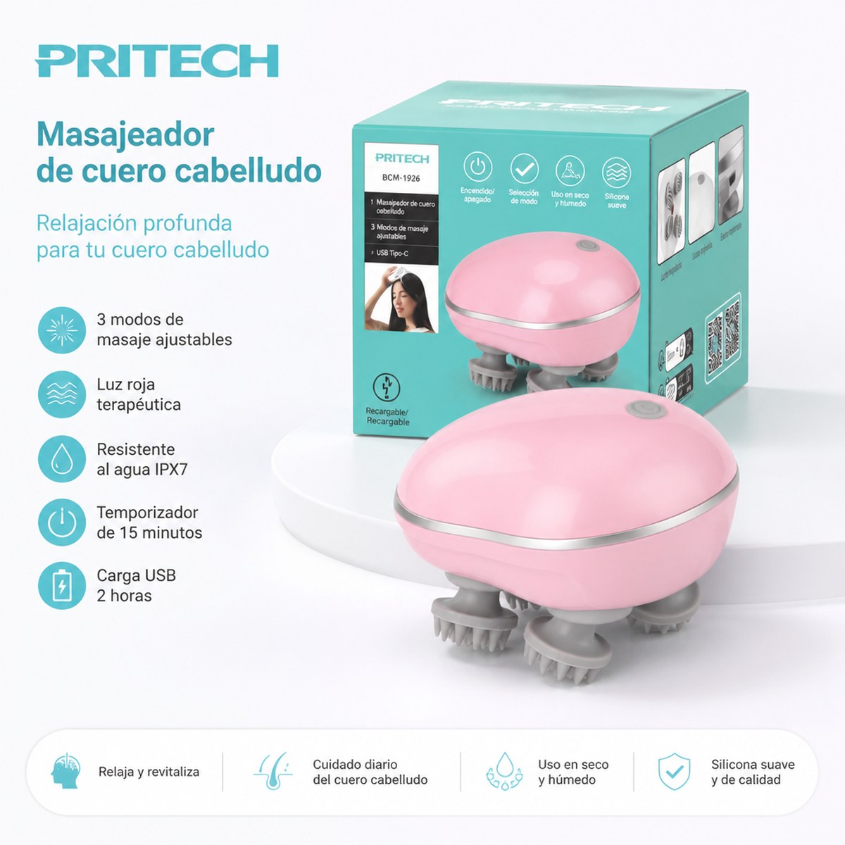 Masajeador de Cuero Cabelludo Eléctrico PRITECH | Luz Roja | IPX7 | 3 Modos