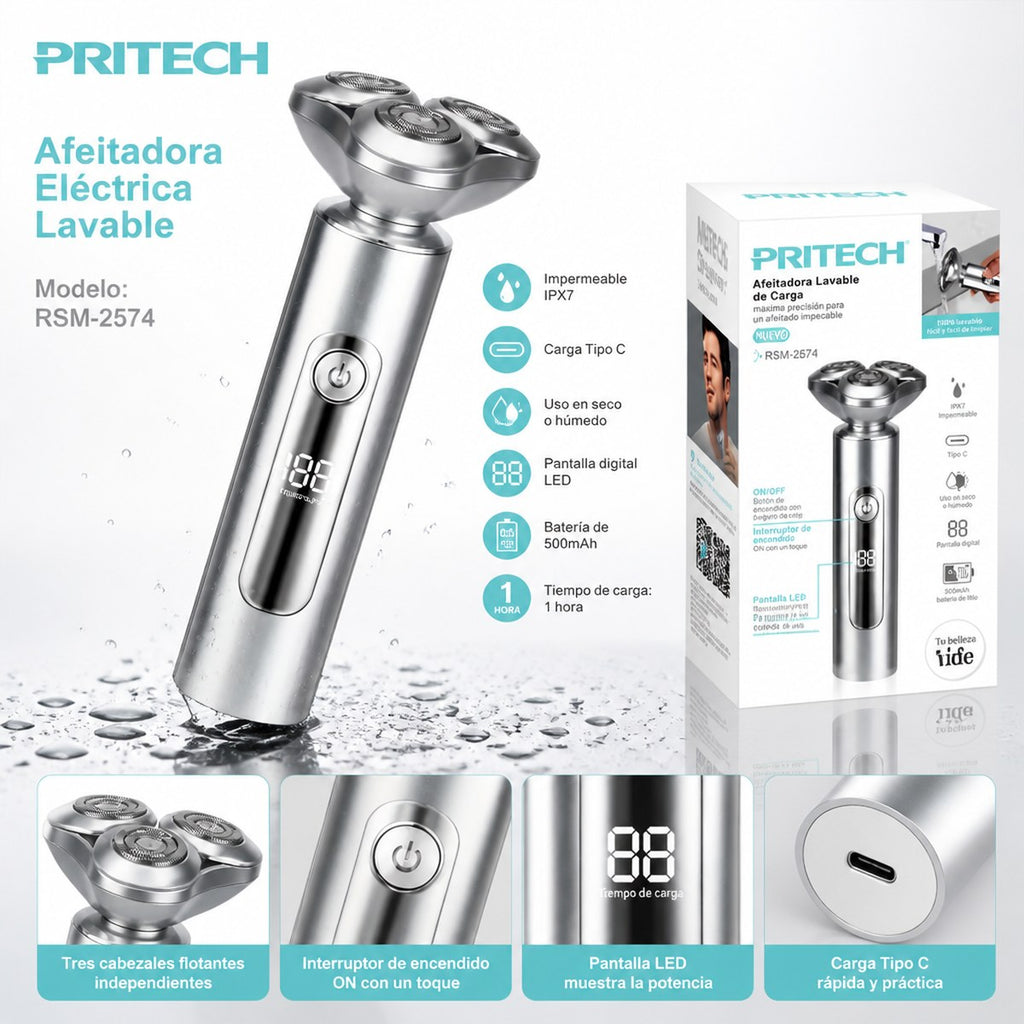 Afeitadora Eléctrica Lavable Pritech RSM-2574 | 3 Cabezales Flotantes | Pantalla Digital | Aluminio