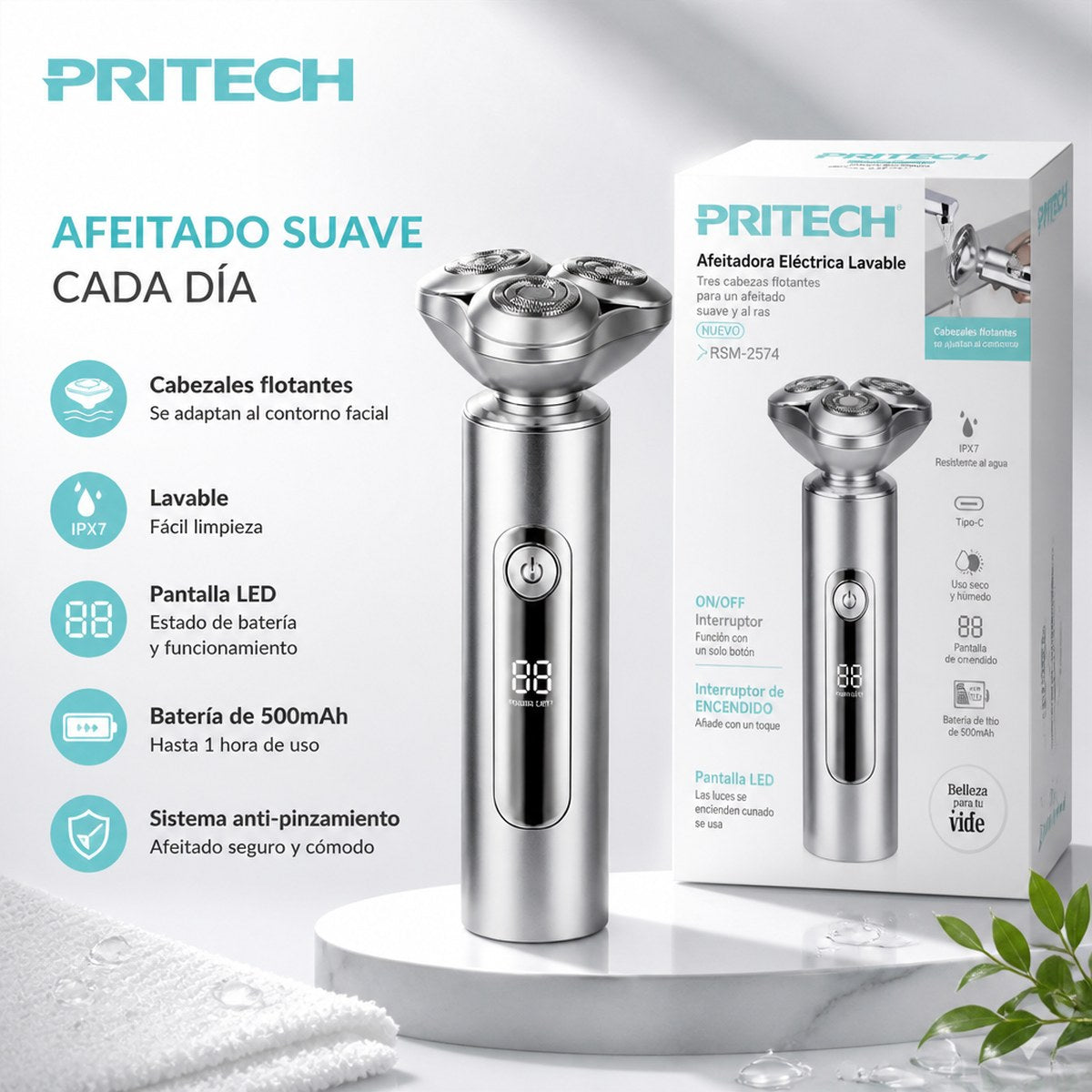 Afeitadora Eléctrica Lavable Pritech RSM-2574 | 3 Cabezales Flotantes | Pantalla Digital | Aluminio