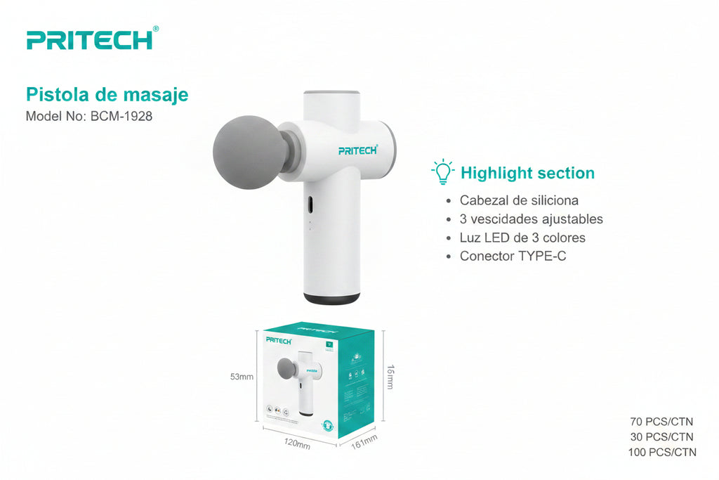 PRITECH BCM-1928 Portable Massage Gun with Silicone Head product images and lifestyle scenes