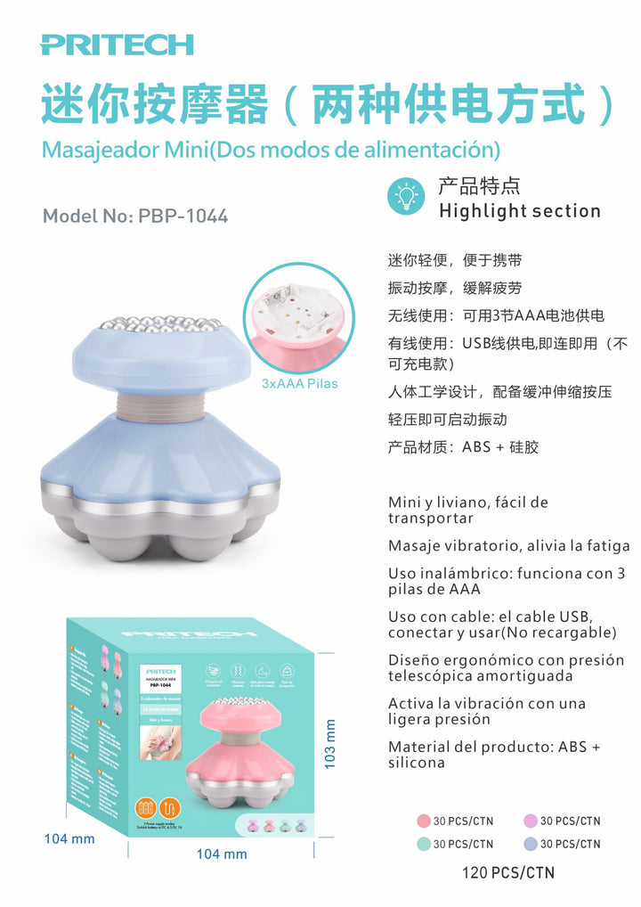 PRITECH Mini Portable Vibrating Massager (Dual Power) product images and lifestyle scenes