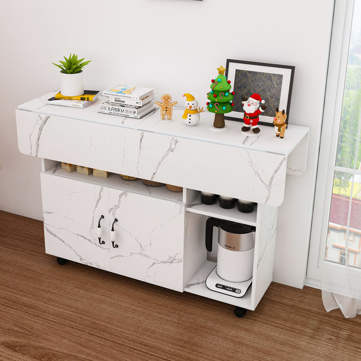 Mesa de comedor plegable rectangular móvil de 110x70x80 cm, multifuncional con 5 plataformas de almacenamiento y 5 ruedas con freno (4 fijas), ahorra espacio para cocina, casa, oficina, residencia estudiantil, estilo mármol blanco