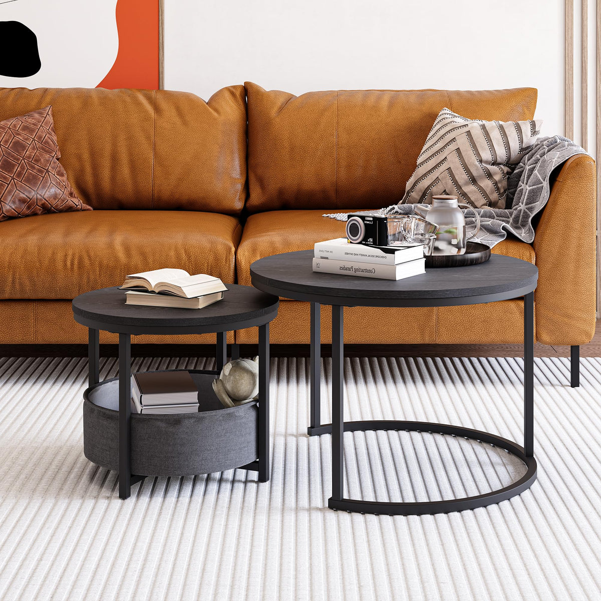 Set de mesas de centro de sofá redondo, estilo industrial, mesas auxiliares con marco de metal y placa de madera, empaquetadas una dentro de la otra, con bolsa de almacenamiento, espacio economizador para el salón
