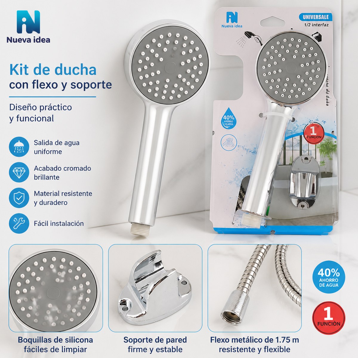 Juego de ducha Nueva Idea con fondo gris y puntos blancos