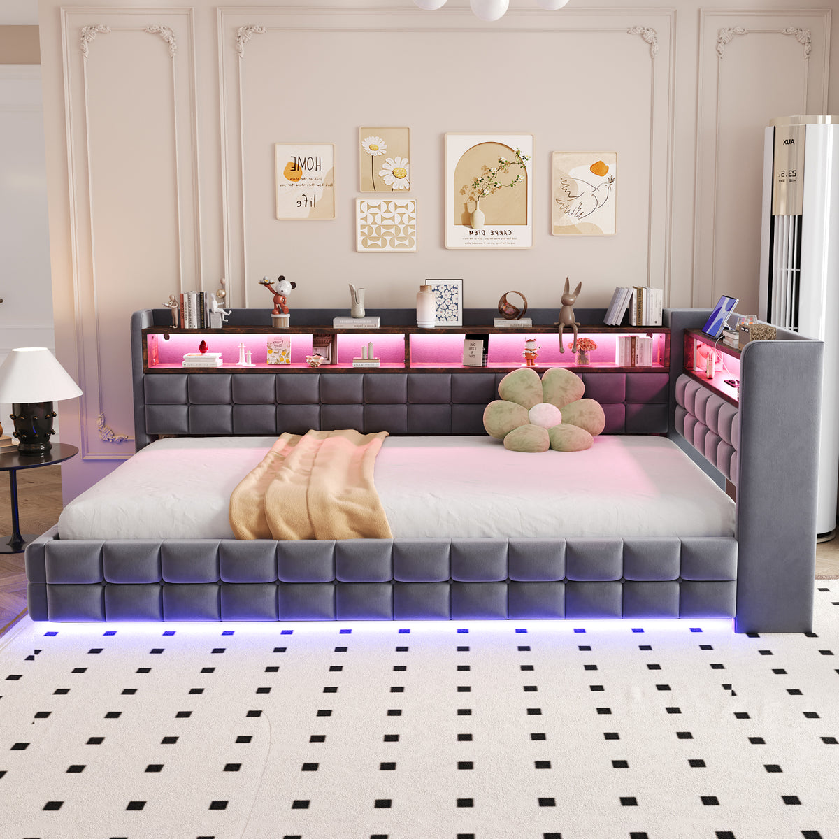 Sofa cama poltrona multifuncional 90 × 200 cm, con espacio de almacenamiento hidráulico, estante de madera, tira de luz LED, toma de corriente, conectores de carga USB y Type-C, soporte de armazón de madera, material de terciopelo gris oscuro