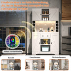 Armario de cocina, armario alto, armario de vinos con soportes de empotramiento ajustables, cajón, soporte para vasos de vino de acero inoxidable, compartimentos para botellas de vino, iluminación LED con cambio de color y enchufes, 180 × 105 × 40 cm