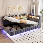 Sofa cama poltrona multifuncional 90 × 200 cm, con espacio de almacenamiento hidráulico, estante de madera, tira de luz LED, toma de corriente, conectores de carga USB y Type-C, soporte de armazón de madera, material de terciopelo gris oscuro