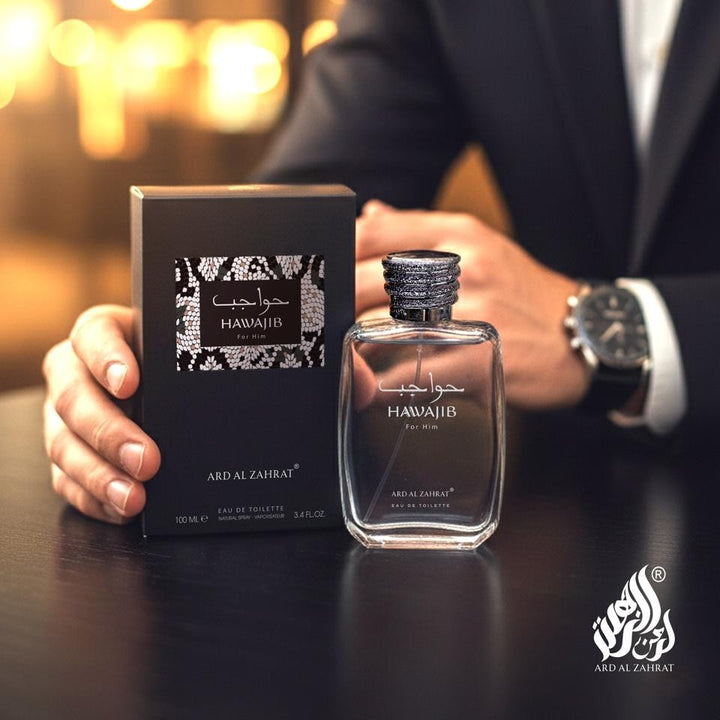 Ard Al Zahrat Hawajib Eau de Toilette for Men, 100ml product images and lifestyle scenes