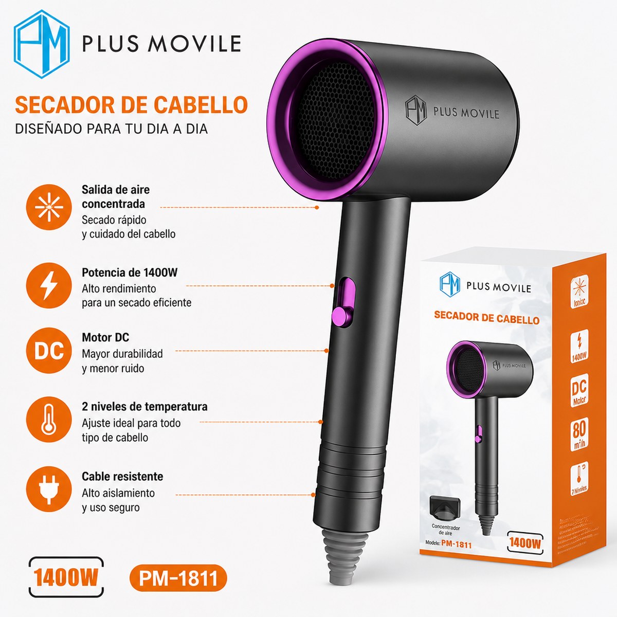 Secador de Pelo Fashion PLUS MOVILE 1400W