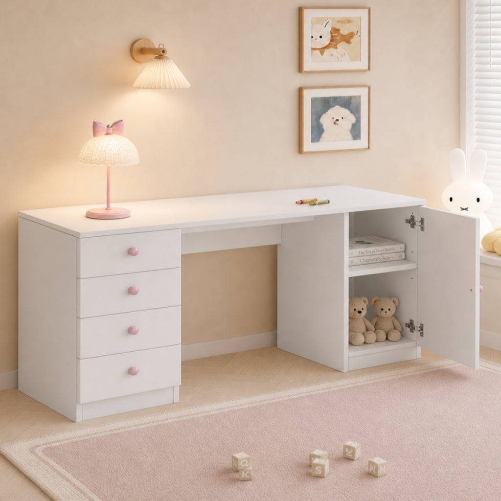 Mesa de escritorio, mesa de trabajo, mesa de computadora, con 4 cajones y una superficie de almacenamiento, muebles para niños, mesa de estudio con espacio de almacenamiento, empuñaduras de cerámica rosa, 155*45*74 cm, Blanco