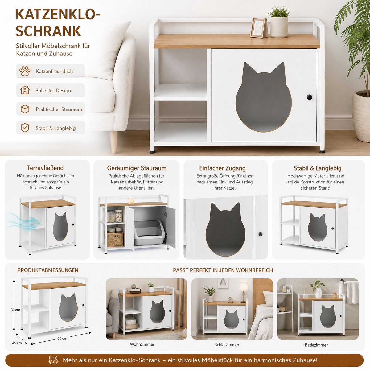 Armario multifuncional para la caja de arena de los gatos con agujero en forma de cabeza de gato, mesita de noche con 2 estantes y espacio de almacenamiento, moderno mueble para gatos para el salón y el dormitorio (blanco y madera)