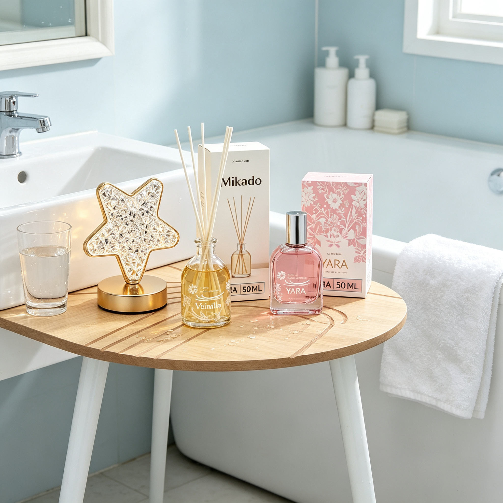 Home Decor and Aromas 4-in-1 Set - Side Table + Vanilla Mikado + Yara Perfume + Star Lamp