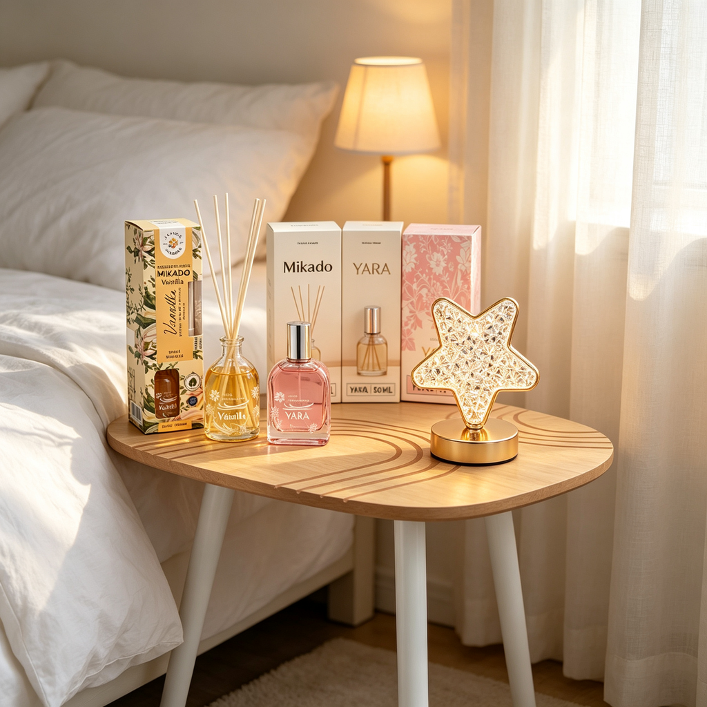 Home Decor and Aromas 4-in-1 Set - Side Table + Vanilla Mikado + Yara Perfume + Star Lamp
