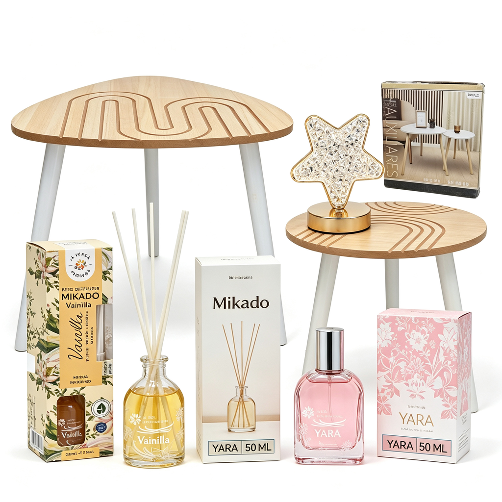 Home Decor and Aromas 4-in-1 Set - Side Table + Vanilla Mikado + Yara Perfume + Star Lamp