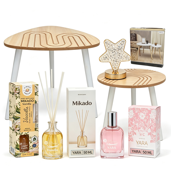 Home Decor and Aromas 4-in-1 Set - Side Table + Vanilla Mikado + Yara Perfume + Star Lamp