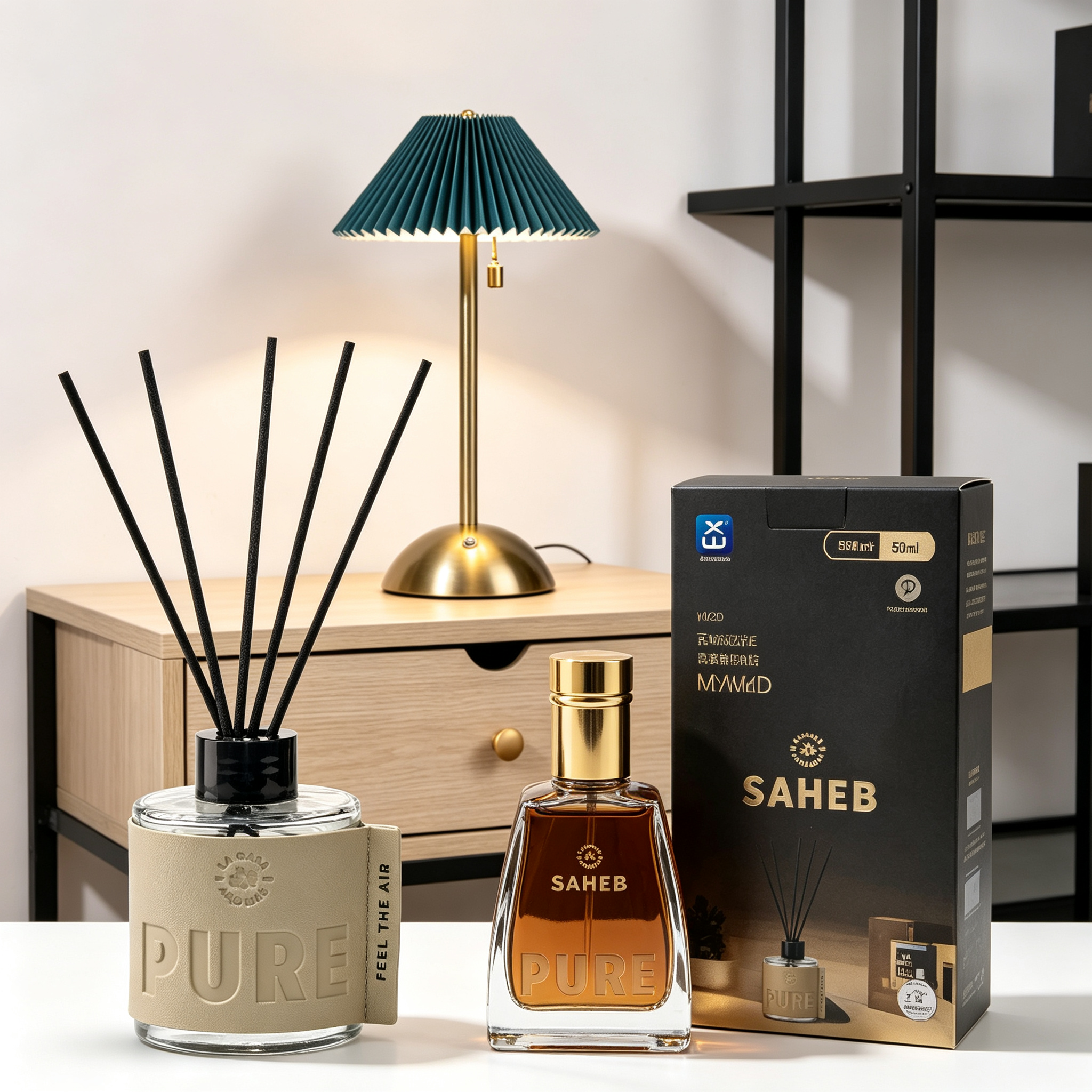Premium 4-in-1 Men's Decor Set - Side Table + Pure Mikado + Saheb Perfume + Green Lamp
