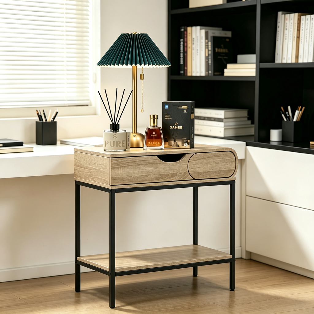 Premium 4-in-1 Men's Decor Set - Side Table + Pure Mikado + Saheb Perfume + Green Lamp