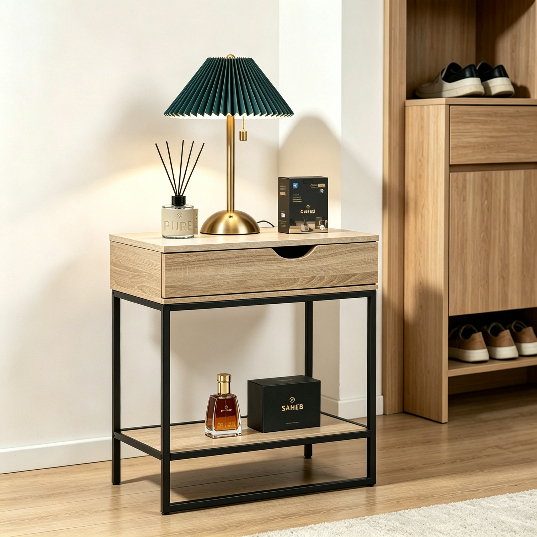 Premium 4-in-1 Men's Decor Set - Side Table + Pure Mikado + Saheb Perfume + Green Lamp
