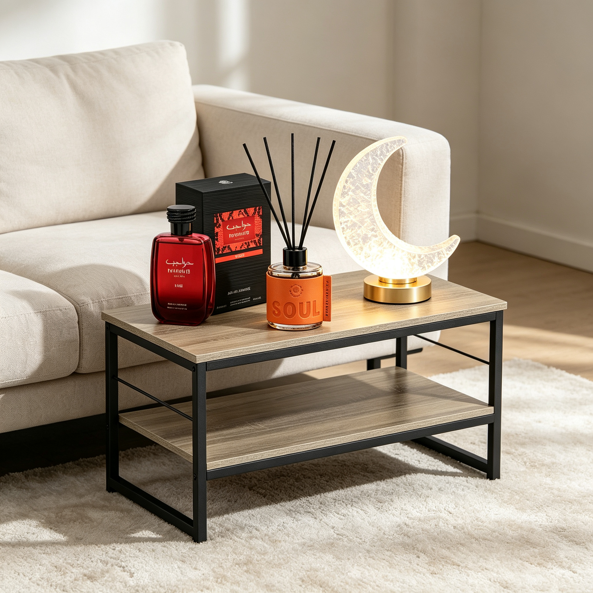 Premium Oriental Decor Set 4 in 1 - Coffee Table + Fire Perfume + Mikado Soul + Moon Lamp