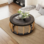 Mesa de Centro Redonda | Madera Sólida y Mimbre | Estilo Boho Vintage