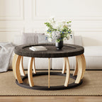 Mesa de Centro Redonda | Madera Sólida y Mimbre | Estilo Boho Vintage