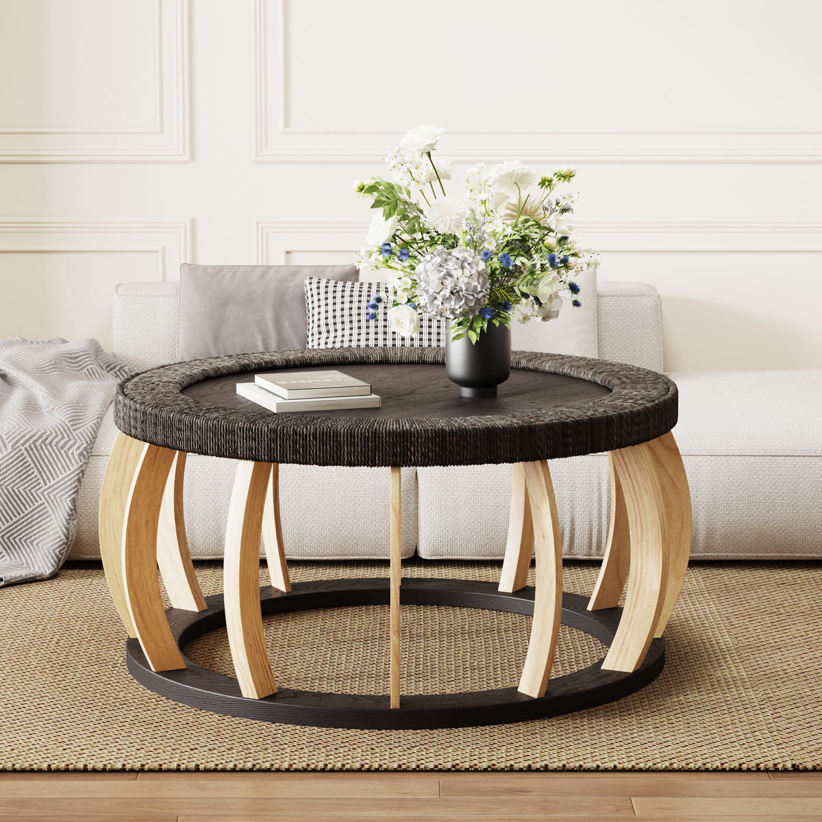 Mesa de Centro Redonda | Madera Sólida y Mimbre | Estilo Boho Vintage