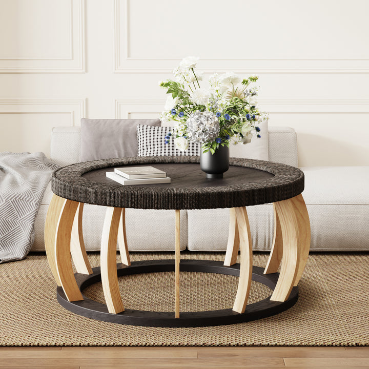 Mesa de Centro Redonda | Madera Sólida y Mimbre | Estilo Boho Vintage