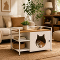 Armario multifuncional para la caja de arena de los gatos con agujero en forma de cabeza de gato, mesita de noche con 2 estantes y espacio de almacenamiento, moderno mueble para gatos para el salón y el dormitorio (blanco y madera)