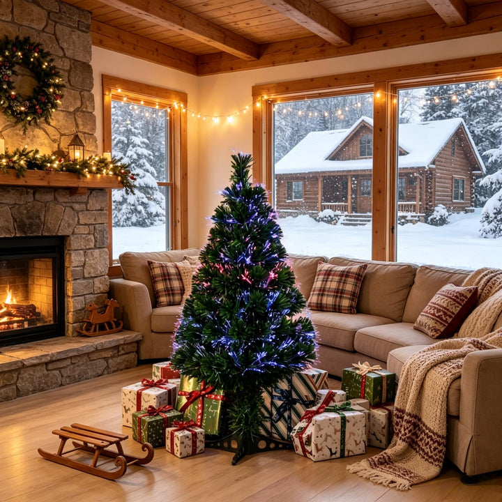 Árbol de Navidad artificial iluminado con fibra óptica multicolor, 90 ramas y pié de soporte estable, decoración navideña festiva para el interior. Decoración navideña para el hogar (solo con árbol de Navidad)