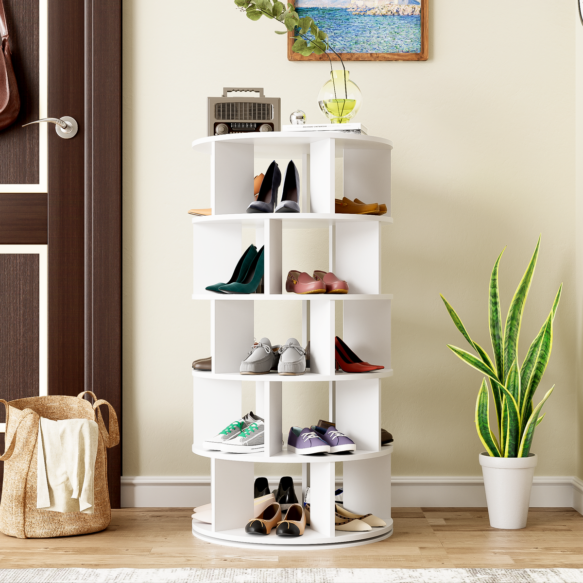 Rack para zapatos, ángulo giratorio, redondo blanco, 5 niveles, altura 115 cm, ancho 60 cm