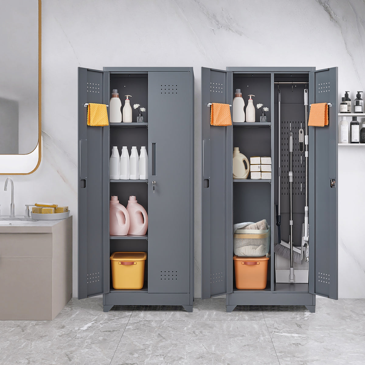 Gabinet de almacenamiento para escobas con puertas con cerradura y estantes, gabinete de almacenamiento metálico de 65" de alto con varilla de colgado y anzuelos S, gabinete de almacenamiento de herramientas de limpieza