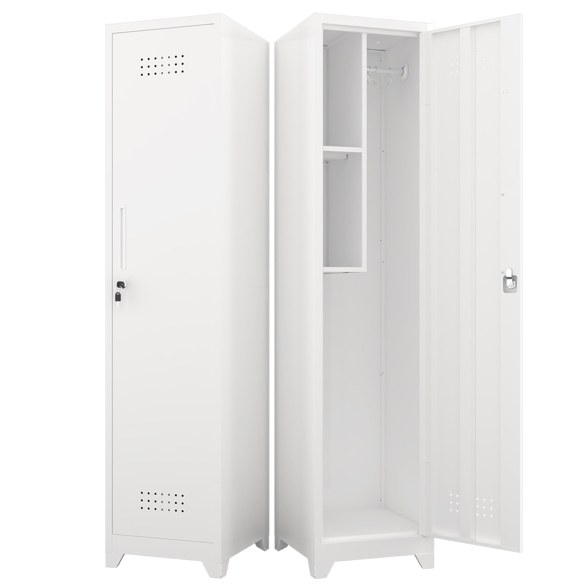 Gabineté de almacenamiento para limpieza de metal esbelto y blanco con puerta cerradora, estantes y barra de colgado, 65" de alto, organizador de utilidades para la cocina, despensa, oficina, taller y garaje