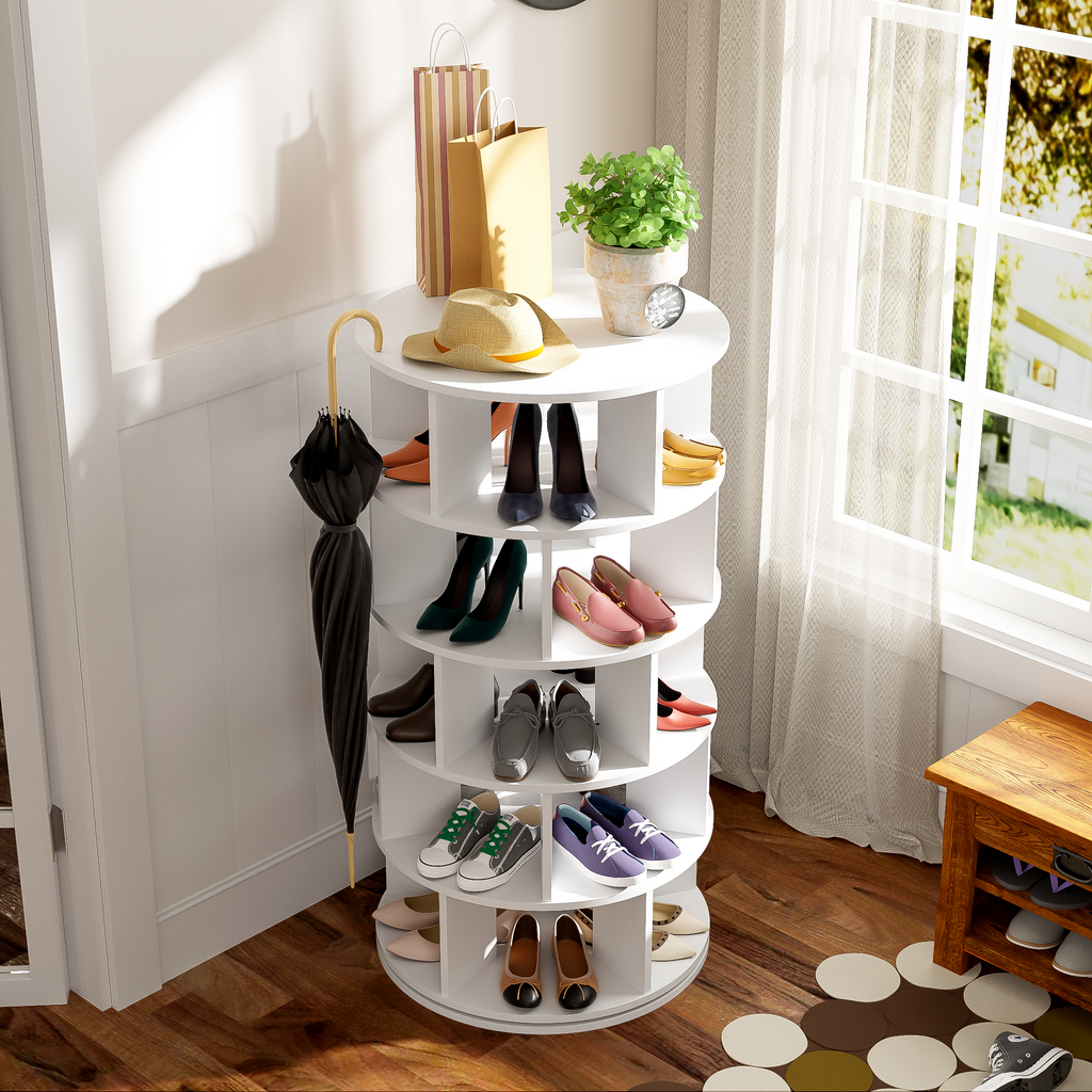 Rack para zapatos, ángulo giratorio, redondo blanco, 5 niveles, altura 115 cm, ancho 60 cm