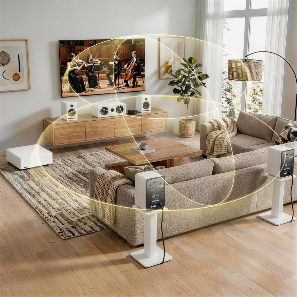 Sistema de sonido doméstico inalámbrico 5.1 Dolby Atmos (Blanco) – Set de envolvente Monaco, WISA con baja latencia para la mejora del sonido de TV sin retraso, Ideal para apartamentos y salones de estar