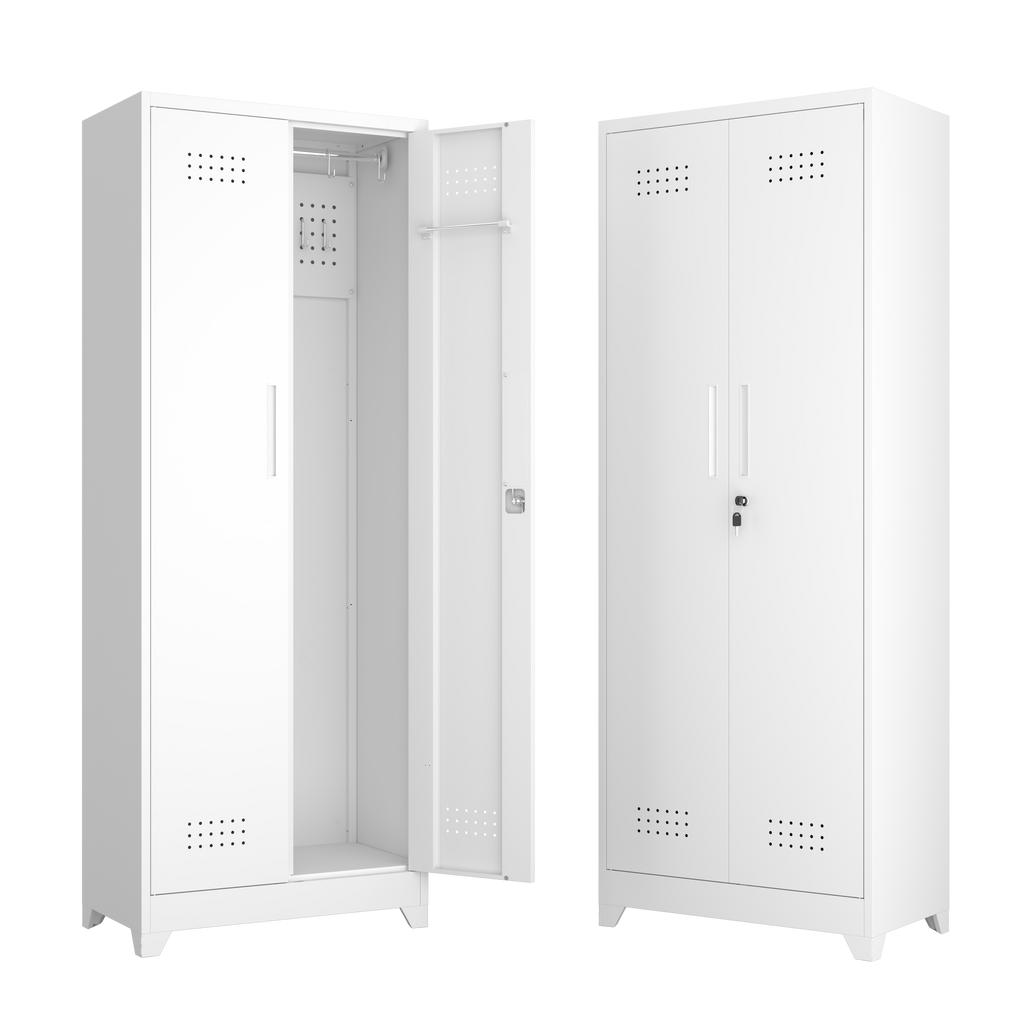 Gabinet de almacenamiento para herramientas de limpieza de 65" de color blanco con puertas con cerradura, estantes, varilla de colgado y anzuelos S