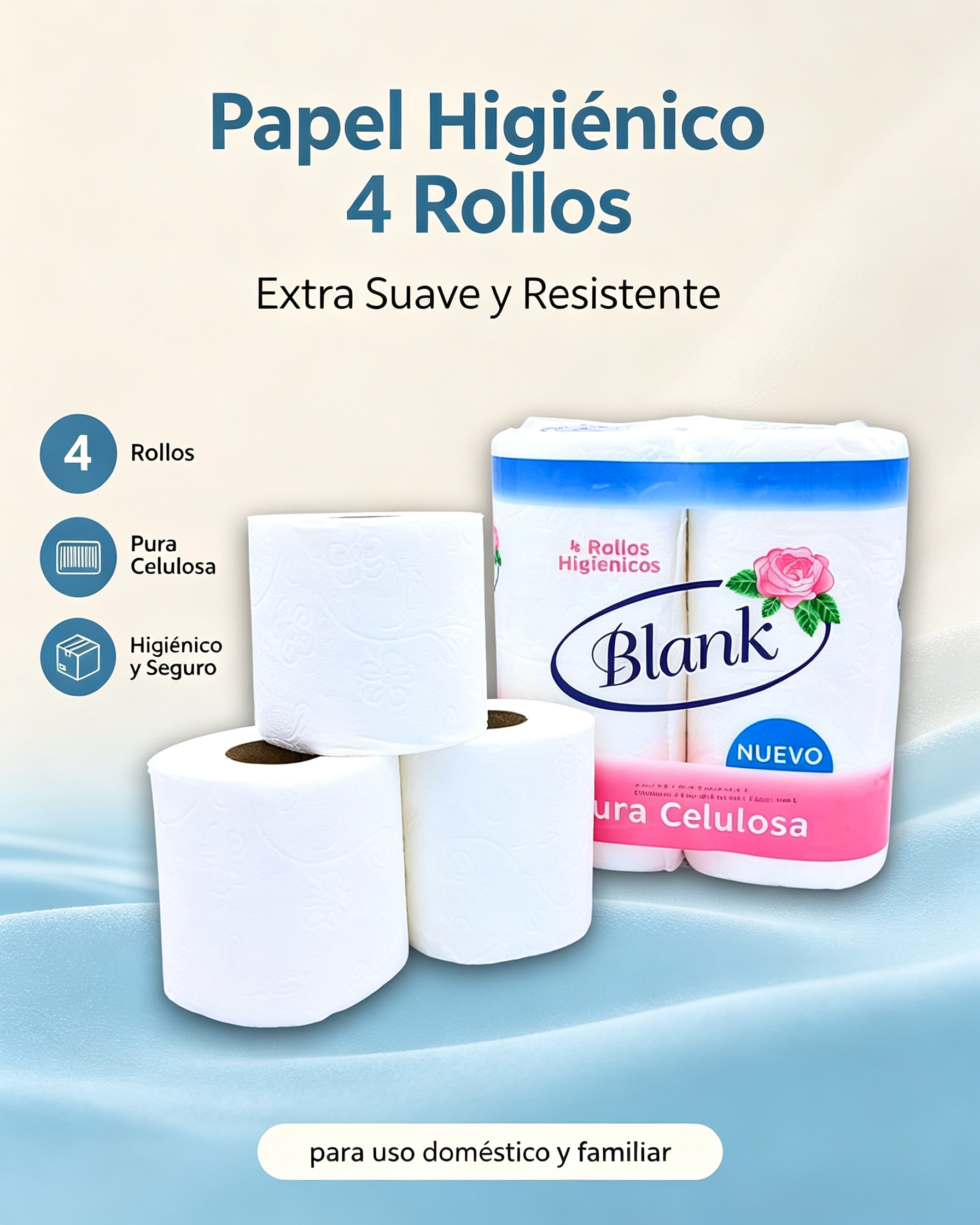 Blank Papel Higiénico 4 Rollos – Pura Celulosa, Extra Suave y Resistente